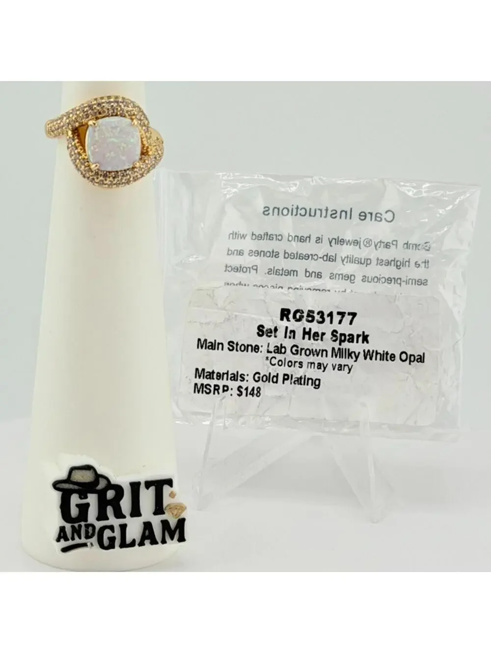 Bomb Party Ring October Sz 5 “Set In Her Spark” White Opal on Yellow Gold